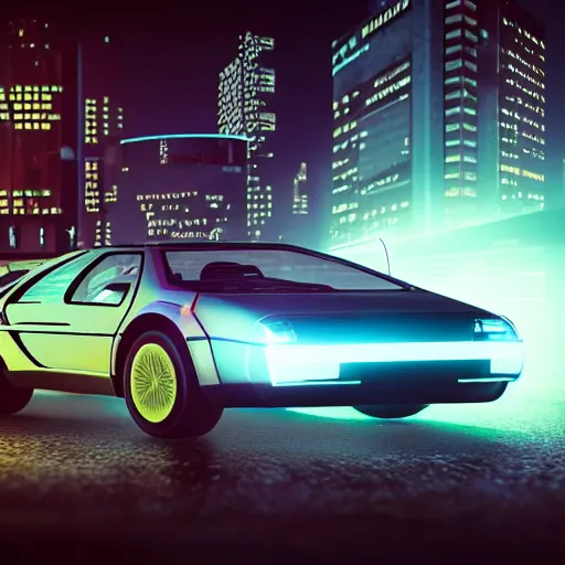 Prompt: deep perspective, the background is a cyber city sharp photorealistic octane render, bokeh in the background, a futuristic curvy neon delorean hover in the foreground,