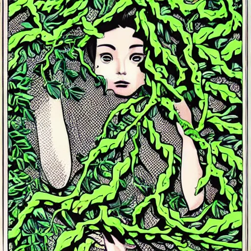 Image similar to a lush vine covered portrait by junji ito