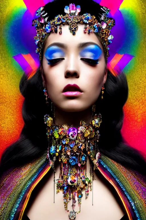 Image similar to a singular beautiful empress dramatic portrait, black hair, with a brilliant, impossible striking shiny big multi colored crystal headpiece, symmetrical, reflective surface, rainbow crystal clothes, rococo, baroque, jewels, asian, realistic, dramatic studio lighting, closeup, D&D, fantasy, intricate, elegant, highly detailed, digital painting, artstation, octane render, 8k, concept art, matte, sharp focus, illustration, art by Artgerm and Greg Rutkowski and Alphonse Mucha