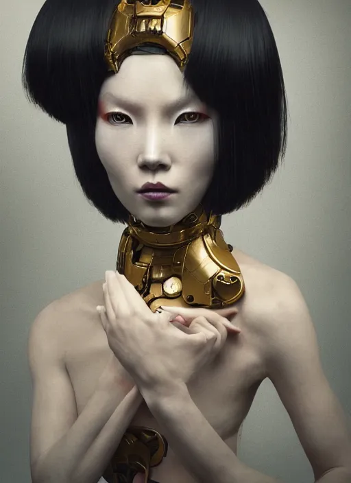 Image similar to portrait of a futuristic geisha cyborg, in the style of ghost in the shell, kintsugi, modern fine art, fractal, intricate, elegant, highly detailed, digital photography, subsurface scattering, by erwin olaf and greg rutkowski,