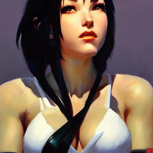 Image similar to Greg Manchess portrait painting o Tifa Lockheart as Overwatch character, medium shot, asymmetrical, profile picture, Organic Painting, sunny day, Matte Painting, bold shapes, hard edges, street art, trending on artstation, by Huang Guangjian and Gil Elvgren and Sachin Teng