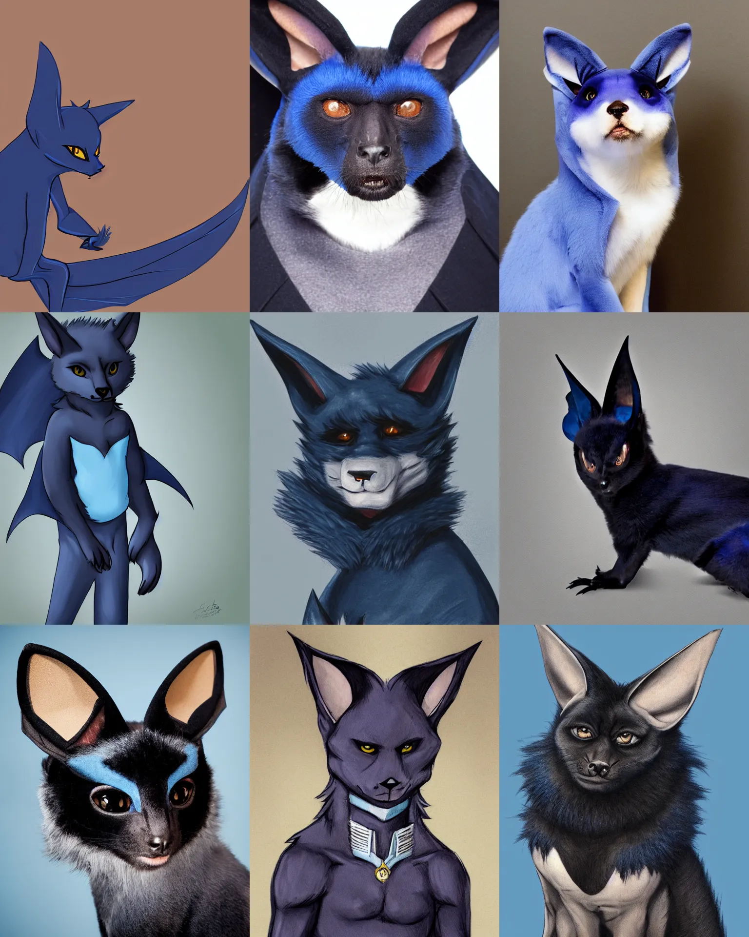 Prompt: a blue - and - black male catbat fursona ( from the furry fandom ) with huge bat ears, photo portrait