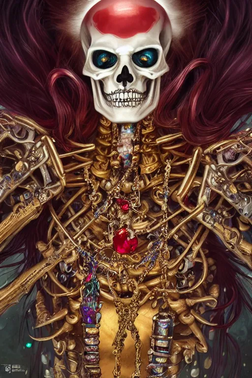 Prompt: androgyne lich skeleton made of iridescent metals and shiny gems covered with blood, long red hair, golden necklace, ultra realistic, concept art, intricate details, highly detailed, photorealistic, octane render, 8 k, unreal engine. dnd art by artgerm and greg rutkowski and alphonse mucha