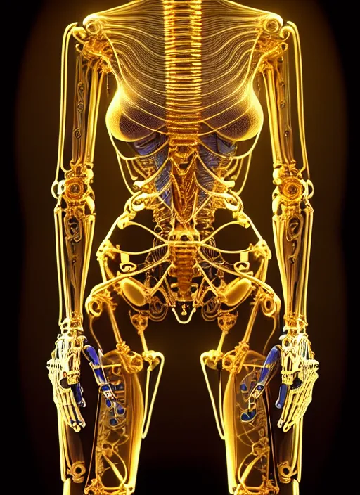 Prompt: full body illustration of a futuristic female golden mechanical skeleton with human face, wires, glowing internal light, hyperdetailed, by alex grey, intricate linework, faberge, intricate gold linework, dark atmosphere, unreal engine 5 highly rendered, global illumination, radiant light, detailed and intricate environment