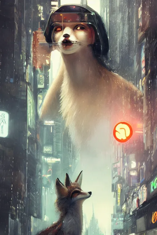 Image similar to award winning gorgeous portrait of a tall, beautiful white female anthro fox smoking a cigarette while towering head and shoulders above the bustling crowd of a rainy city street around her, cyberpunk clothes, harsh neon lights, highly detailed, sharp focus, digital painting, illustration, trending on artstation, art by sakimichan, wlop, greg rutkowski