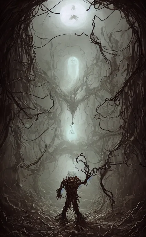 Image similar to fantasy monster concept art, a jack o lantern monster with vines for a body walking down a street of nightmares, dynamic lighting, photorealistic, trending on art station, stunning visuals, creative, cinematic, ultra detailed, atmospherical, ambient lighting, scary art, eery art