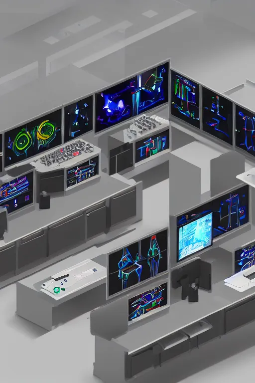 Image similar to dark isometric tech lab with shiny holographic control panels