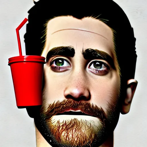 Image similar to jake gyllenhaal's face fused with a millshake cup with a red and white staw ( ( white milkshake jake gyllenhaal face ) ), jake gyllenhaal sentient milkshake, by greg rutkowski