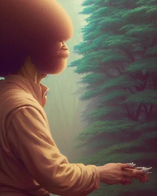 Image similar to highly detailed surreal vfx portrait of a sacred bob ross, stephen bliss, unreal engine, greg rutkowski, loish, rhads, beeple, makoto shinkai and lois van baarle, ilya kuvshinov, rossdraws, tom bagshaw, alphonse mucha, global illumination, detailed and intricate environment