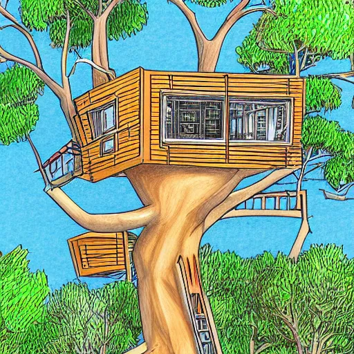 Prompt: futuristic tree house in a city detailed drawing