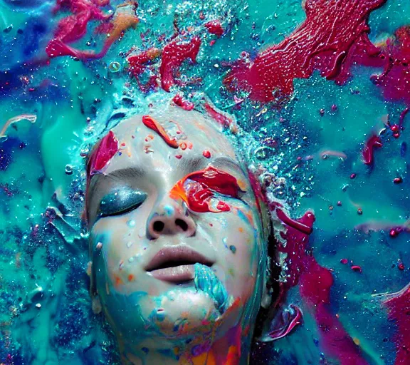 Prompt: underwater still shot of a closed eyed female head exploding into paint frottage and decalcomania and acrylic pour and coloured powder explosion and splashing paint and dripping paint and flying paint chunks, embossed paint, floating paint, moving paint, motion blur, hyperrealistic, intricate underwater art photography, hyperrealistic, anatomically correct, realistic crisp textures, 1 6 k,