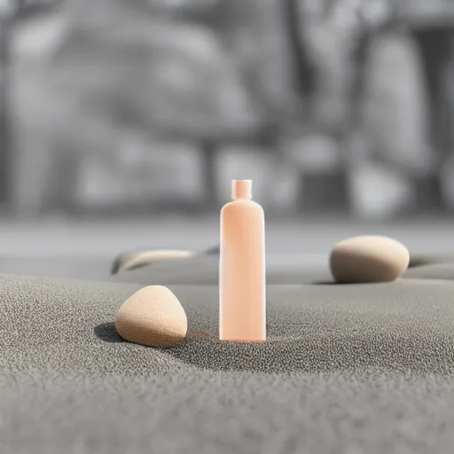 Image similar to perfume bottle, peach - colored zen clean modern minimalist japanese rock garden by peter tarka in an ivory room well contoured smooth fair walls, up close shot, sharp focus, zen, clean, modern minimalist, octane highly render, 4 k, ultra hd,