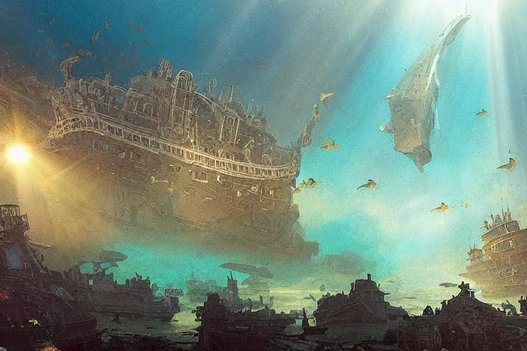 Image similar to a scenic view of the lost and abandoned city of Atlantic under water, ray of sunlight, shipwreck at the bottom of the sea, fish flocks, Greg Rutkowski, Moebius, Mohrbacher, Mucha, blue and gold color scheme, ultra wide angle, light effect