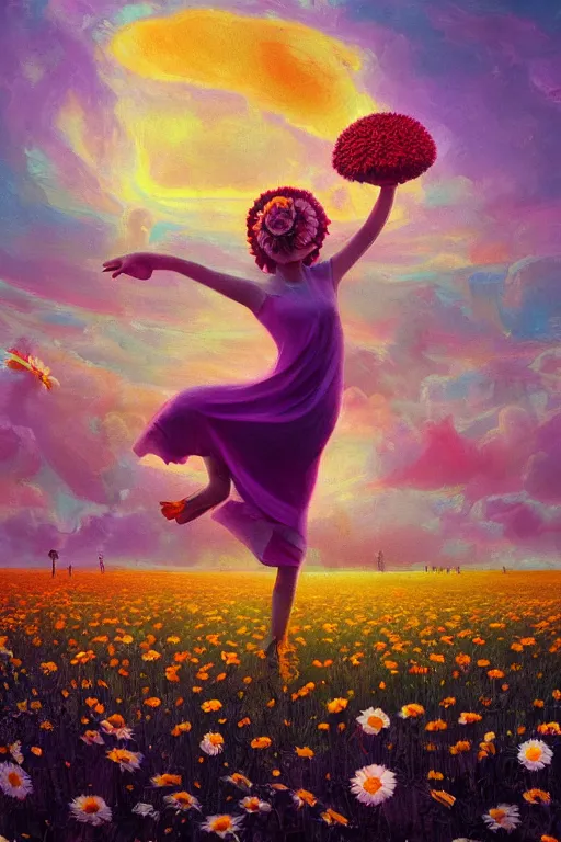 Image similar to giant daisy flower as head, girl dancing in a flower field, surreal photography, sunrise, dramatic light, impressionist painting, colorful clouds, digital painting, artstation, simon stalenhag