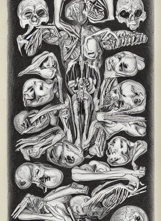 Image similar to a full page scan of detailed vintage illustrated anatomical drawing of how to raise the dead, handwritten, satanic, evil, grimoire page, necronomicon style