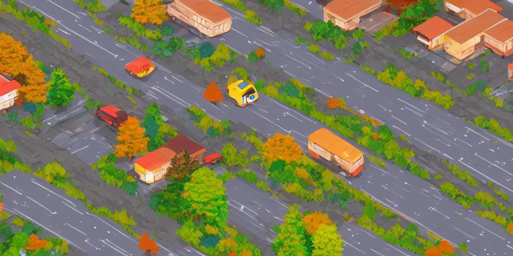 Prompt: chibi school bus traffic in a japanese suburb with high redwood trees. autumn afternoon puddles after the rain. neo - georgian city blocks and stone brick retaining walls near the sidewalk. anime studio ghibli movie trending on artstation.