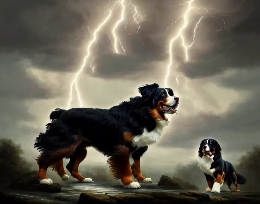 Image similar to an epic painting of a male anthropomorphic bernese mountain dog as zeus, shooting lightning bolts from his paws, by greg rutkowski, intricate details, artstation, furry, cinematic, hd, beautiful