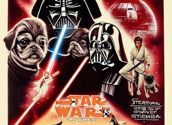 Image similar to vintage 1 9 7 7 star wars episode iv a new hope movie poster, with pugs instead of people