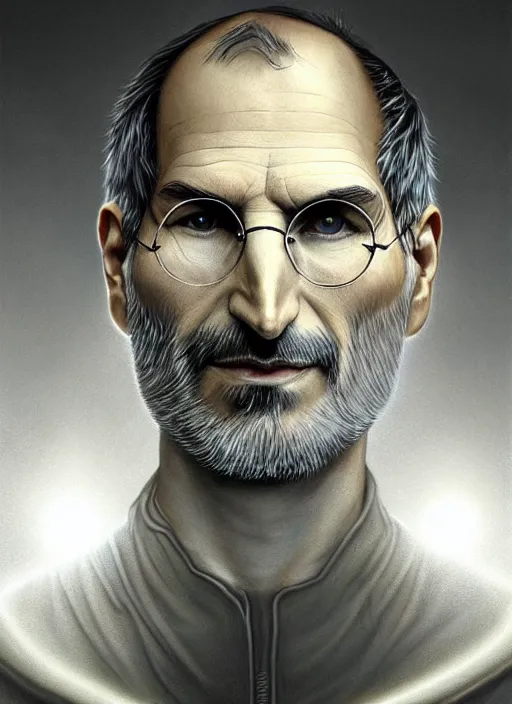 Image similar to Portrait of Steve Jobs, white glowing eyes, silver shaggy hair, cloak, ethereal wings, male, fantasy, extremely detailed, digital painting, artstation, concept art, smooth, sharp focus, illustration, stunning lighting, art by artgerm and greg rutkowski and alphonse mucha and simon stalenhag, realistic character concept, high fantasy, light atmosphere, golden ratio, cinematic lighting, hyperdetailed, high resolution, insanely detailed and intricate, artstation, Marc Simonetti, Greg Rutkowski, 8k