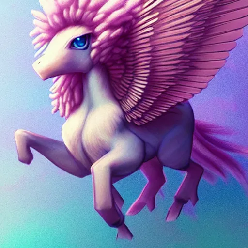 Image similar to a fluffy pegasus pokemon:: by Martine Johanna and Simon Stålenhag and Chie Yoshii and Casey Weldon and Guillermo del toro :: ornate, dynamic, particulate, pastel colors, intricate, elegant, highly detailed, centered, artstation, smooth, sharp focus, octane render, 3d