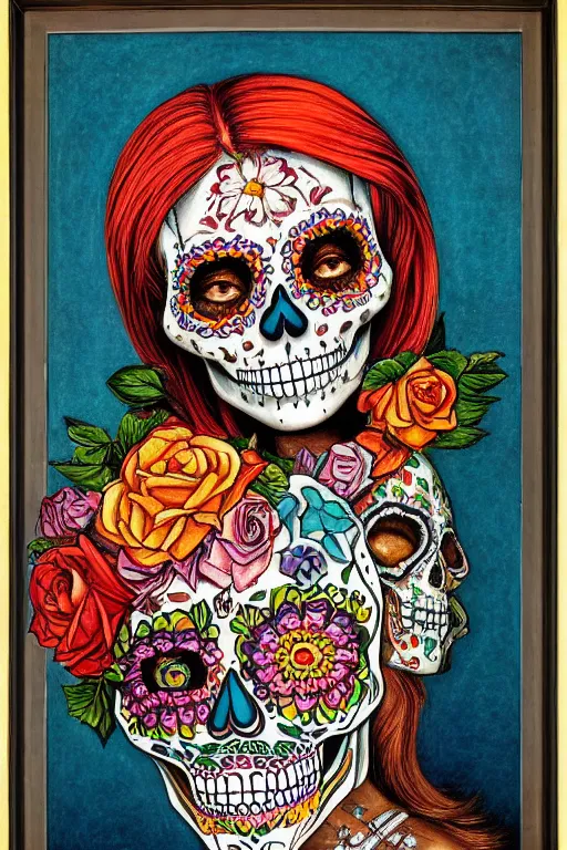 Prompt: Illustration of a sugar skull day of the dead girl, art by johfra bosschart