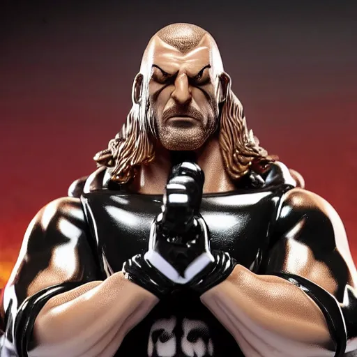 Image similar to Full body shot of a highly detailed flexible Triple H vinyl plastic figurine as a villain, highly detailed face, white background, 3d, high quality, depth of field, high contrast, 8k, concept art, smooth, sharp focus, highly detailed, wrestling, WWE