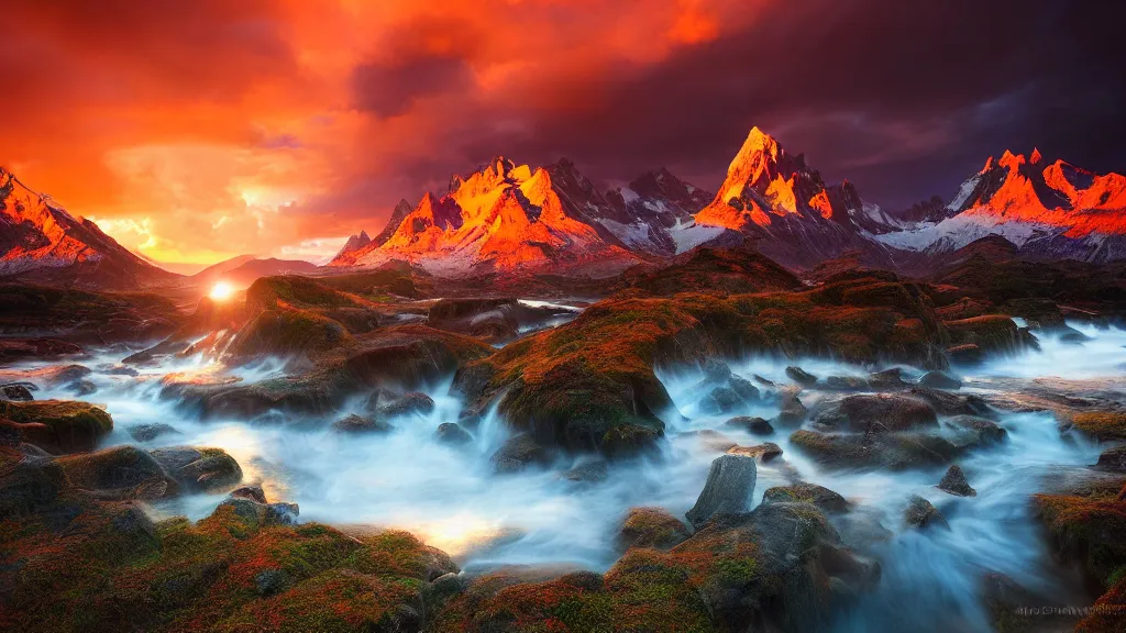 Image similar to amazing landscape photo of an isekai world in sunset by marc adamus, beautiful dramatic lighting