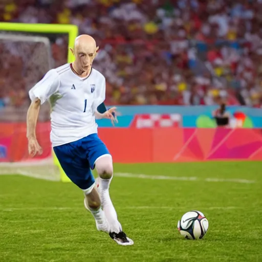 Image similar to portrait of nosferatu playing alone football at the world cup, sport photography