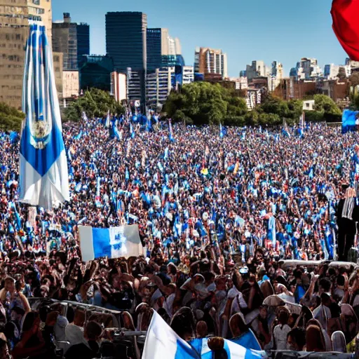 Image similar to Lady Gaga as president, Argentina presidential rally, Argentine flags behind, bokeh, giving a speech, detailed face, Argentina