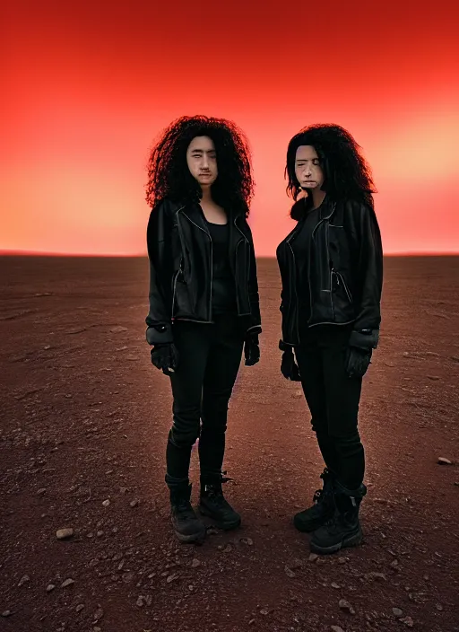 Image similar to cinestill 5 0 d photographic portrait of two loving clones, women wearing rugged black techwear on a desolate plain with a red sky, closeup, diverse species, cyberpunk, in front of a brutalist dark metal facility, dust storm, 3 5 mm, 8 k, f / 1 6, high resolution, ultra realistic faces, beautiful faces