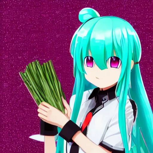 Image similar to hatsune miku with a leek in her hand