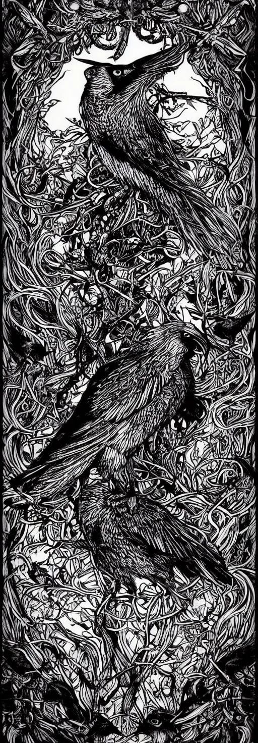 Image similar to psychedelic, monochrome artwork!!, of a single raven and deer combined, in front of an owl that is a window into the ocean, typography by hr giger and james jean and andreas rocha,