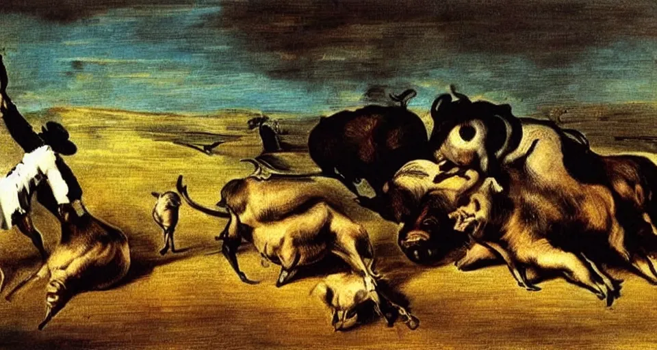 Image similar to trading pigs for swine by salvador dali and goya