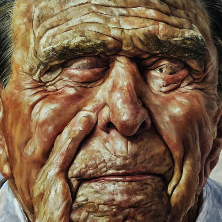 Image similar to close up studio portrait of aging old Ronald Reagan age 115 wrinkled sad, glossy impasto oil painting by Lucian Freud and Tim Hawkinson and Cy Twombly, trending on artstation Studio lighting Expressionism