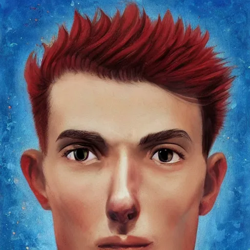 Prompt: face portrait of a thin young man with red hair and freckles, blue eyes, a long nose, highly detailed, digital art