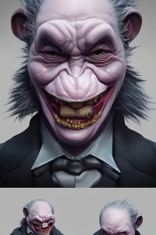 Image similar to cute adorable miniature Joker but he's an ape kid in a business suit, realistic and ultra intricate detailed soft painting, volumetric lighting, mist, Artstation, Tom Bagshaw Yasushi Nirasawa Moebius artstyle, unreal render, depth of field