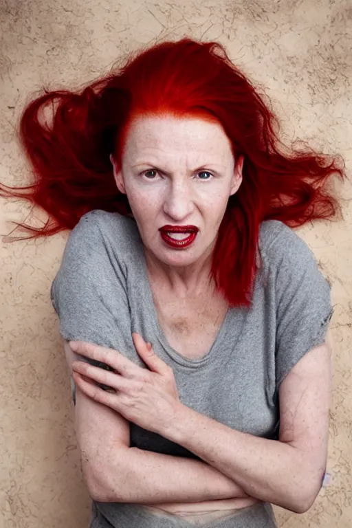 Prompt: A beautiful clothed woman with red hair, mouth slightly open, looking at the camera, award winning photograph by Annie Liebowitz