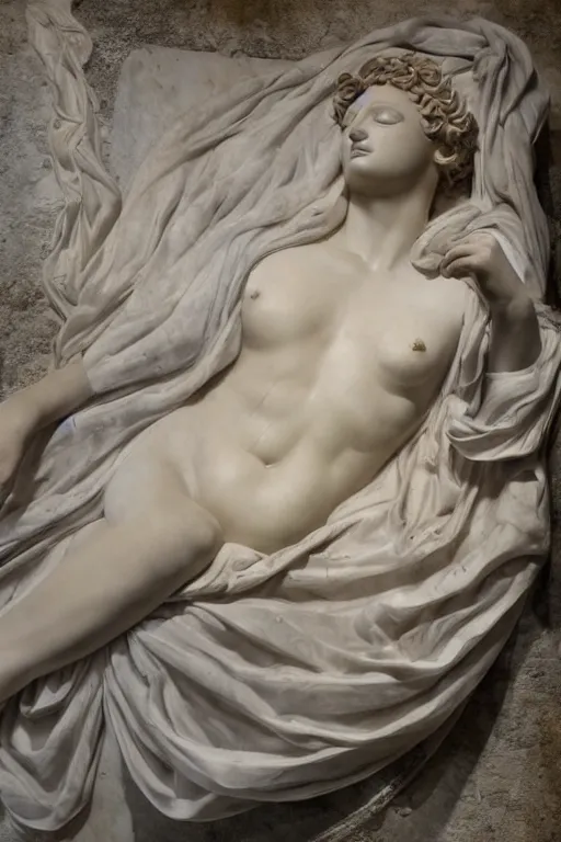 Image similar to A beautiful oil painting of a Ancient Greek Marble Sculpture of a Greek Goddess lying on a silk cloth, fog, volumetric lighting, summer, hyperrealistic, hyperdetailed.