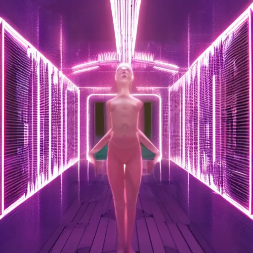 Image similar to chromatic cyborg female discovering her own consciousness in a mirror maze (Unreal Engine, 3D, Reflections, Glossy, Hyer-Realistic, Futuristic, Noise, Gradient)