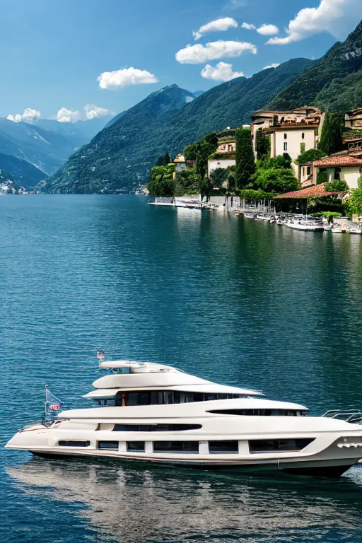 Image similar to Photo of a Riva Aquarama docked in Lake Como, with Lake Como in the background, wide shot, daylight, blue sky, summer, dramatic lighting, award winning, highly detailed, 1980s, luxury lifestyle, fine art print, best selling.