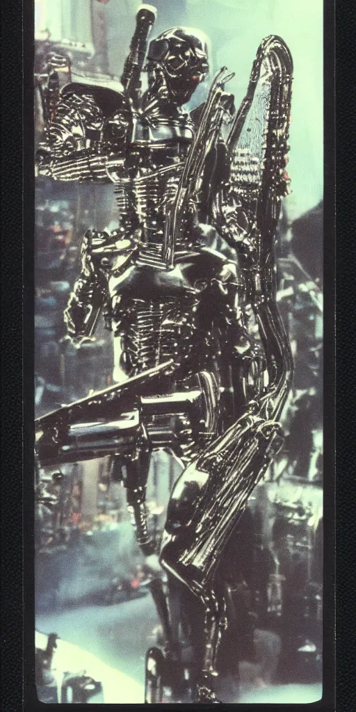 Image similar to polaroid photo of the terminator playing harp on the madison square garden stage, 8 k, ultra detailed, depth, detailed and intricate environment, stunning scene