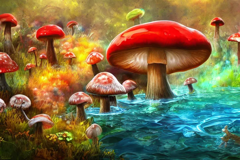 Image similar to highly detailed oil painting of a mushroom lizard in a steaming colorful hotspring, featured on artstation