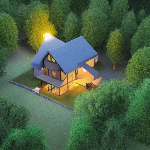 Image similar to cottage in clearing surrounded by trees, it is night, the windows are lit, concept art, aerial view