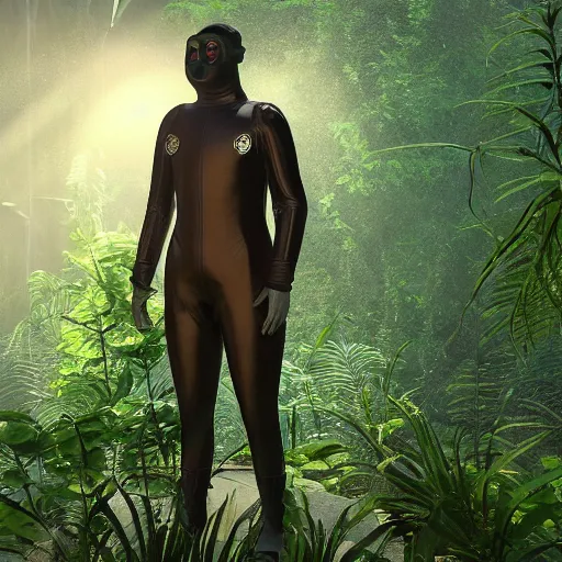 Image similar to a man wearing a 1 9 0 0 diving suit, walking through a lush jungle, realistic octane render, ray traced, god rays, extremely high detail