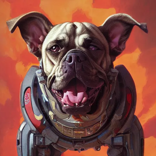 Image similar to Doom Guy as a Dog, detailed, centered, digital painting, artstation, concept art, donato giancola, Joseph Christian Leyendecker, WLOP, Boris Vallejo, Breathtaking, 8k resolution, extremely detailed, beautiful, establishing shot, artistic, hyperrealistic, beautiful face, octane render, cinematic lighting, dramatic lighting, masterpiece