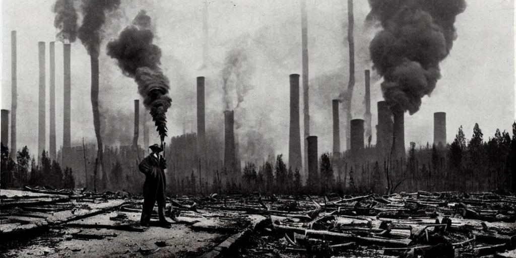 Prompt: industrial city destroying nature, 1 9 2 0 s spirit portrait photography, smoking chimneys, burning trees, cleared forest, huge industrial buildings, lonely human wanderers with pickaxe, eerie, dark, by william hope