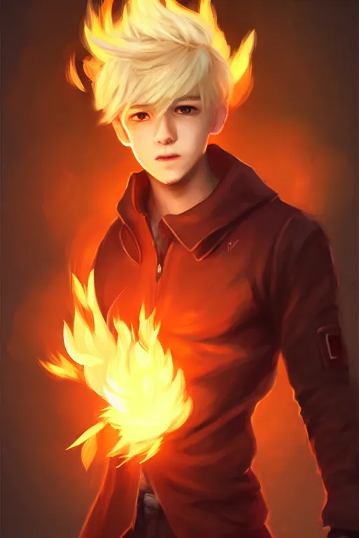 Image similar to character art by wlop, young man, blonde hair, on fire, fire powers