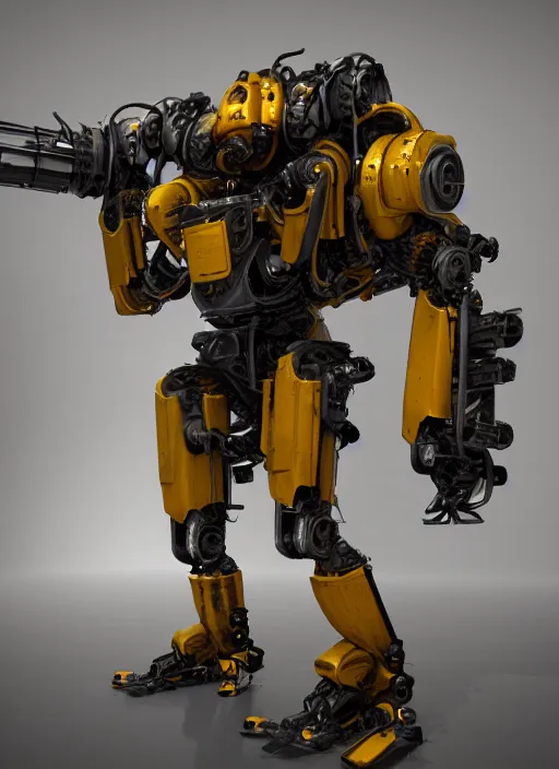 Image similar to a photorealistic dramatic hyperrealistic render of a futuristic exosuit power loader heavy machinery, ultra realistic details, glossy yellow, well worn, rust, oil stains by vitaly bulgarov and mike nash, beautiful dramatic dark moody tones and lighting, cinematic atmosphere, studio lighting, global illumination, shadows, dark background, octane render, 8 k