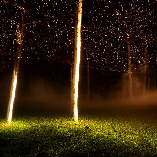 Image similar to forrest illuminated by glowing spheres, mist on ground, dramatic, night, 5 5 mm