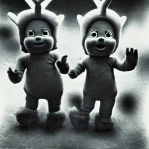 Image similar to creepy retro photograph of the teletubbies